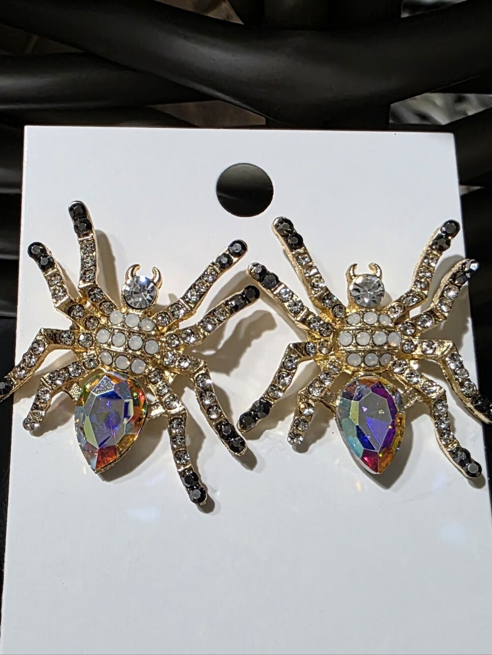 Gold-Tone Spider Earrings with Iridescent Teardrop Stones